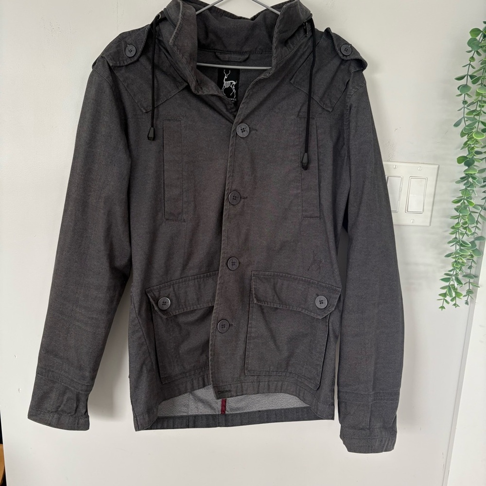 Kane & Unke Men's Gray Utility Military Jacket Hidden Hood Large
